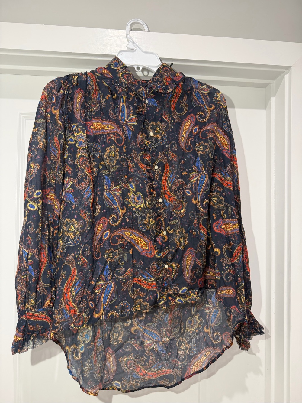 Maje Paisley-print Ruffled Cotton Shirt In Navy- Size 0 - Picture 6 of 14
